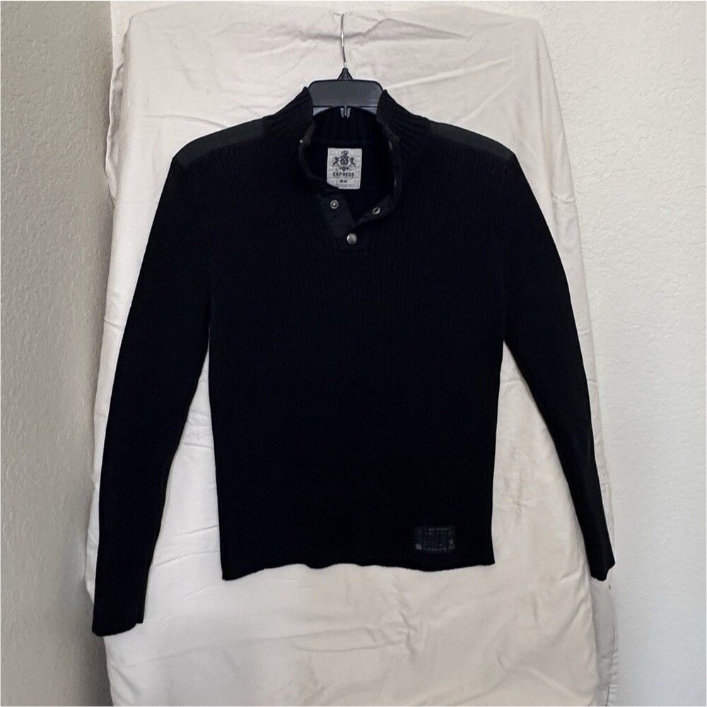 100% cotton Men's Black Mock Neck Pullover Sweater M, goth, Button Accent